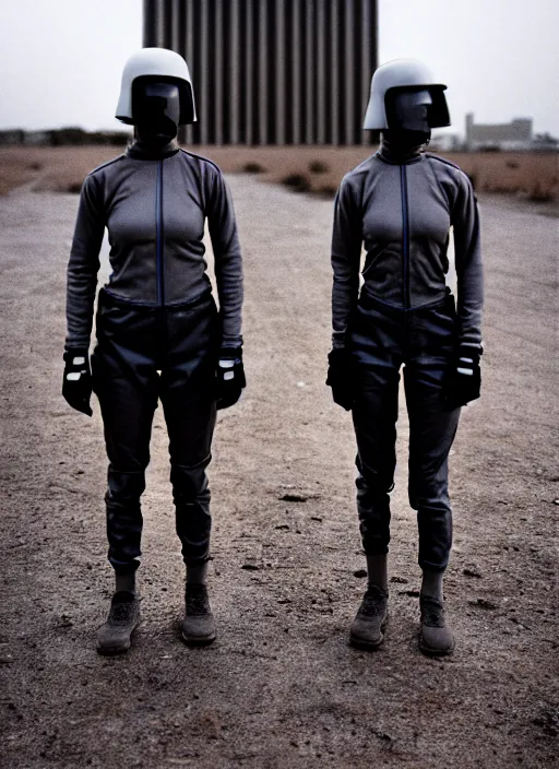 Prompt: cinestill 5 0 d photographic portrait of two loving clones, techwear women on a desolate plain, a brutalist metal building in the background, depth of field, 4 k, 8 k, hd, full color