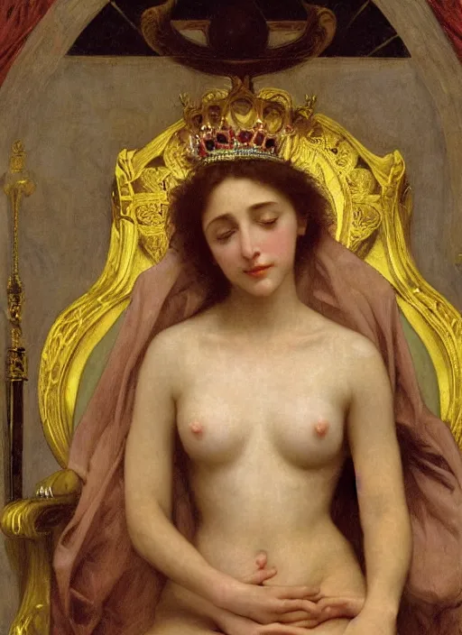 Image similar to oil painting of portait Queen of Ecstasy in a large throne room, Hungarian, by Bouguereau, by Georgia o Keeffe, by Georges Moreau