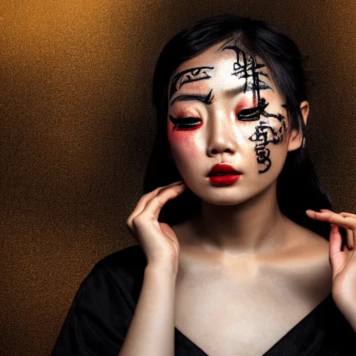 Image similar to filmstill, over the shoulder photography of asian girl with golden makeup looking in to the camera, black lips, black kimono, black pagoda, black face tattoo, sad mood, god rays, volumetric light, lightbeams, art noveau style, neobrutalistic