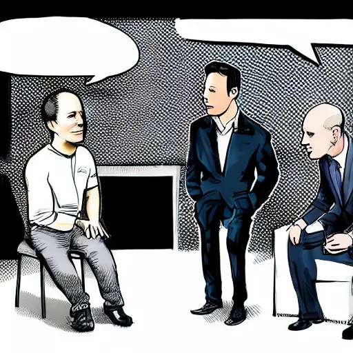 Prompt: illustration of a meeting between elon musk, mark zuckenberg, jeff bezos, very detailled, by artgem