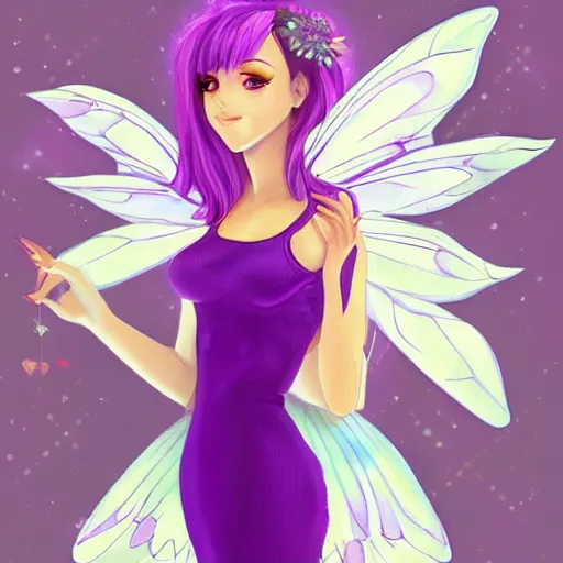 Image similar to very very very beautiful tiny fairy woman in her 20s with fairy wings wearing skintight purple dress, making eye contact, smiling, flirty, perfect body, perfect face, drawn by WLOP