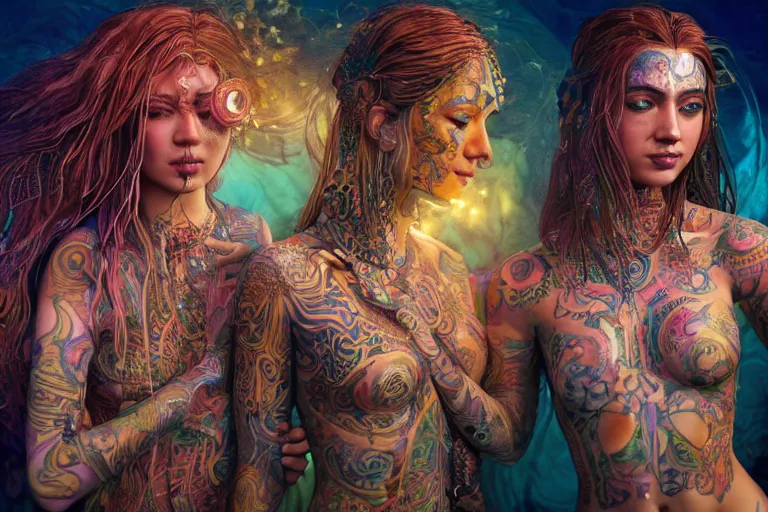 Image similar to a centered full body render of alluring festival hippies with tribal tattoos surrounded by a underwater ink pour and flowing liquid galium and sacred geometry, perfect face, powerful, cinematic, beautifully lit, by artgerm, by karol bak, by viktoria gavrilenko, 3 d, trending on artstation, octane render, 8 k