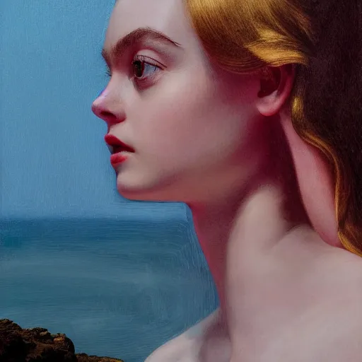 Prompt: Elle Fanning in Santorini in the style of Paola Vetri, head and shoulders portrait, stormy weather, extremely detailed masterpiece, oil on canvas, low-key neon lighting, artstation, Blade Runner 2049, Roger Deakin’s cinematography, by J. C. Leyendecker and Peter Paul Rubens and Edward Hopper and Michael Sowa,