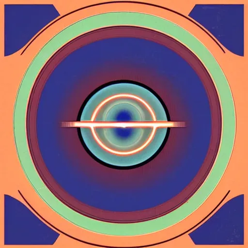 Image similar to logo of eye as the horizon, overlooking a city!!!!, symmetrical, washed out color, centered, art deco, 1 9 5 0's futuristic, glowing highlights, peaceful