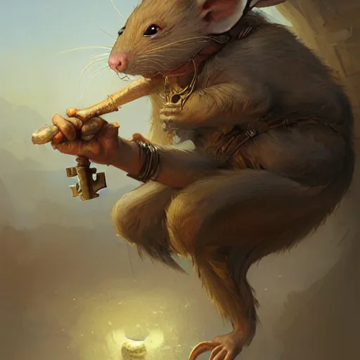 Prompt: a detailed portrait of a rat guardian holding a key, by justin gerard and greg rutkowski, digital art, realistic painting, very detailed, fantasy, character design, dnd, trending on artstation
