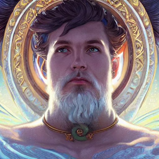 Image similar to Ulmo, king of the sea, in front of the palace Ulmonon at the bottom of Vaiya, portrait, highly detailed, digital painting, artstation, concept art, sharp focus, illustration, art by artgerm and greg rutkowski and alphonse mucha