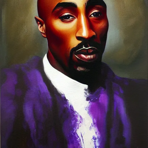 Prompt: oil painting portrait of tupac shakur in a purple suit, high quality art, oil on canvas, johannes vermeer