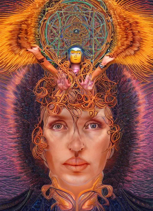 Prompt: portrait ultra dimensional cult woman shaman, enlightenment tripping on dmt, psychedelic experience, ultra high definition, unreal engine 5, hyperrealism, masterpiece composition, by michael parkes, casey weldon, barclay shaw