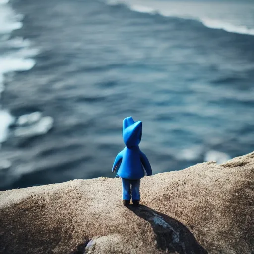 Image similar to cinematic front shot of a blue gnome standing on the edge of a cliff by the ocean, 8k, highly intricate, highly detailed,