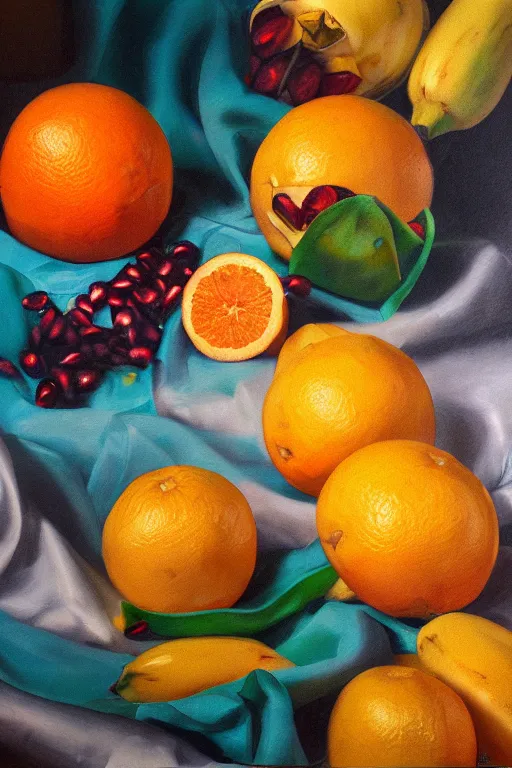 Image similar to A beautiful still life oil painting of Oranges, pineapples, bananas, Pomegranates lying on a silk cloth, fog, volumetric lighting, summer, hyperrealistic, colorful, hyperdetailed.