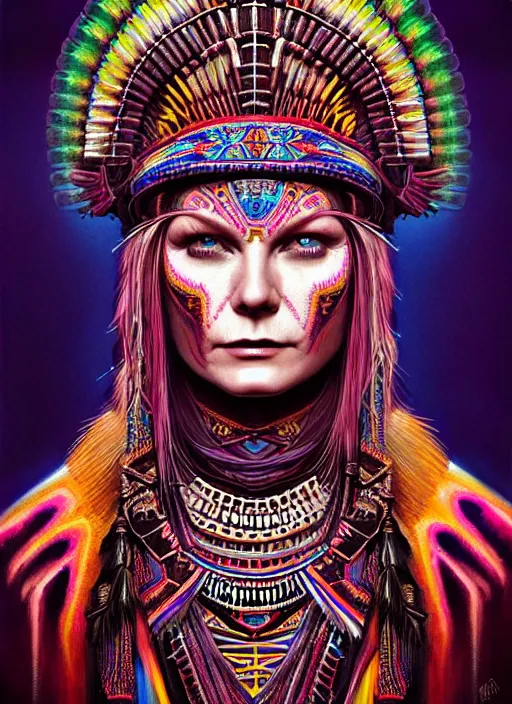 Image similar to portrait of kirsten dunst, hyper detailed ultra sharp aztec shaman warrior. trending on artstation, warpaint aesthetic, bloodwave, colorful, psychedelic, ornate, intricate, digital painting, concept art, smooth, sharp focus, illustration, art by artgerm and greg rutkowski and h. r. giger, 8 k