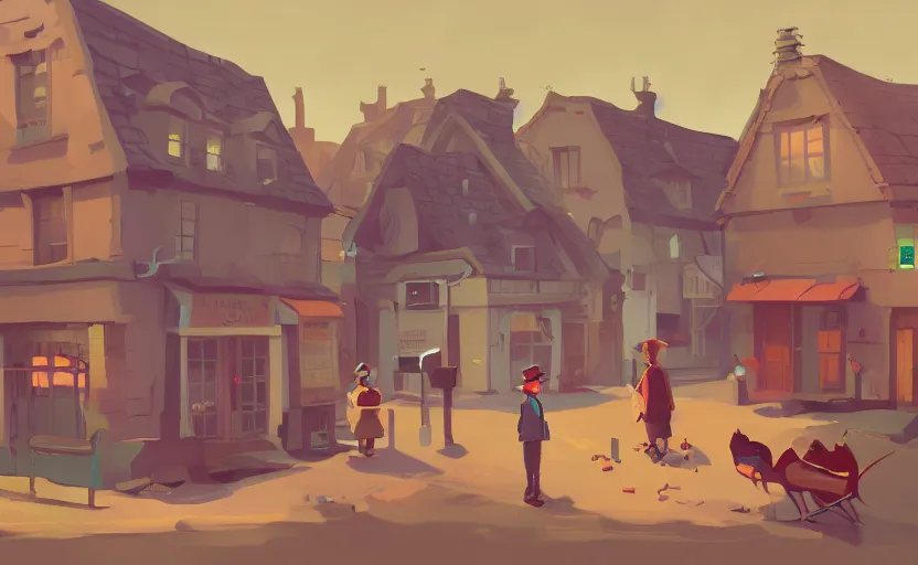 Prompt: a village detective, james gilleard, print, game art