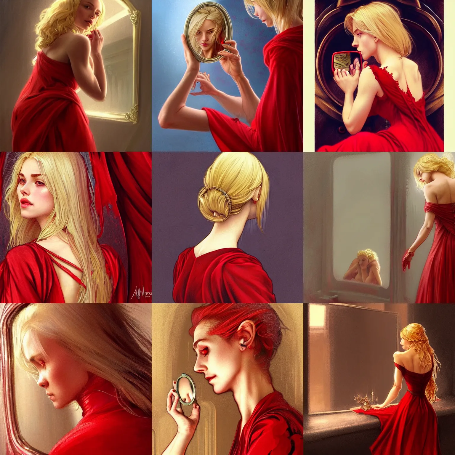 Prompt: beautiful blonde woman in a red dress looking into a cursed hand mirror, closeup, her back visible and covered in scars, messy hair, D&D, fantasy, intricate, elegant, highly detailed, digital painting, artstation, concept art, matte, sharp focus, illustration, art by Artgerm and Greg Rutkowski and Alphonse Mucha