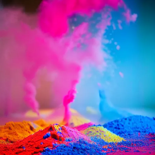 Image similar to photo of color powder explosion in art gallery, metropolitan museum of art, hellenistic sculptures, particles, fine detail, damien hirst and james jean, sharp focus, artstation