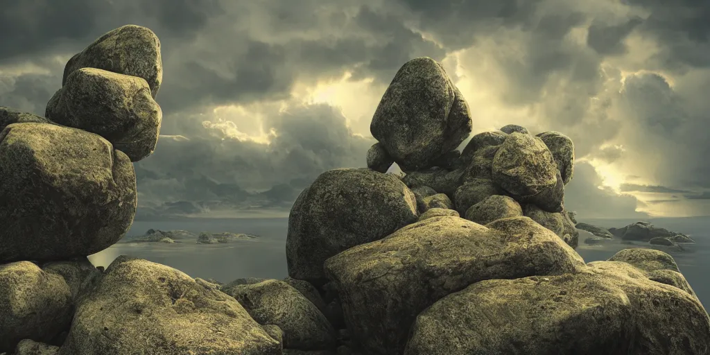 Image similar to Photorealistic epic landscape with magically floating rocks, with ominous storm clouds, strange levitating stones, stones falling from the sky, a gentle rising mist. photorealism, UHD, amazing depth, glowing, golden ratio, 3D octane cycle unreal engine 5, volumetric lighting, cinematic lighting, cgstation artstation concept art