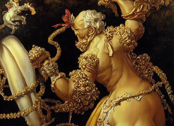 Prompt: baroque rococo painting The Fancy Royal Gorilla by Greg Hildebrandt high detail cute