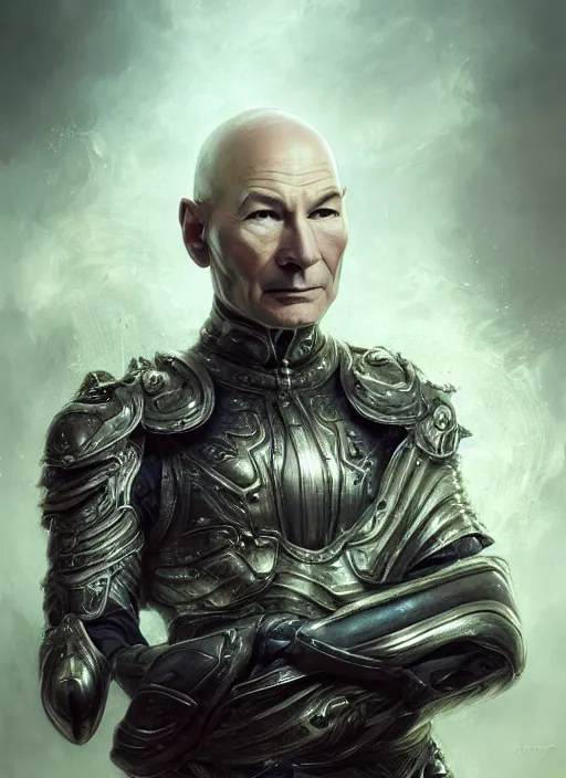 Prompt: extremely pale thin old patrick stewart in silver crown on head and metal armor, extremly detailed digital painting, raymond swanland, tomasz alen kopera, vibrant colors, intricate, exquisite lighting, highly detailed, rim light, cinematic lighting, art, octane render, very coherent, cinematic, 8 k, trending on artstation