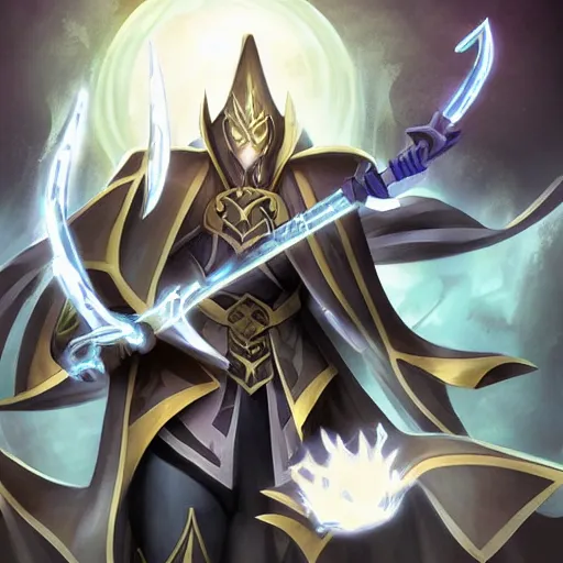 Image similar to Karthus from League of Legends holding a magical staff, laughing, anime art style