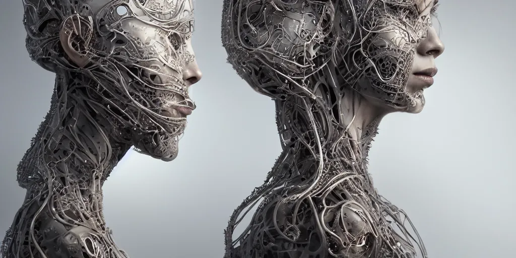 Image similar to realistic photography of a beautiful cyborg androgynous humanoid, back, reaching, holding close, in liquid, intricate filigree, in the style of beth cavener, jin kagetsu, wlop, highly detailed, symmetry, masterpiece, concept art, ringflash, highkey lighting, ambient lighting, octane render, 8 k, artstation