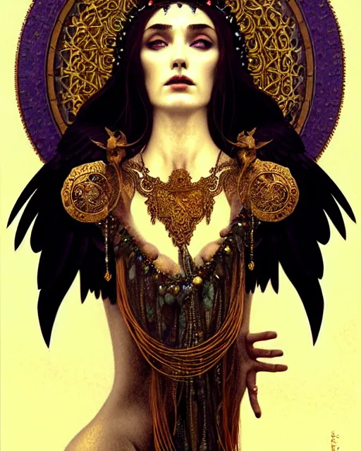 Image similar to goddess of ravens, unusual beauty, emotionally evoking symbolic metaphors, head in focus, fantasy, ornamental, intricate, elegant, sensual, highly detailed digital painting, artstation, concept art, painterly, golden ratio, sharp focus, illustration, art by John Collier and Krenz Cushart and Artem Demura and Rafael and Alphonse Mucha and Albert Aublet