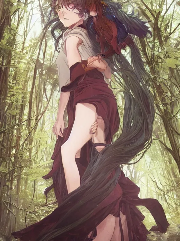 Prompt: anime key visual of writer jk rowling the enchantress with her back to the camera wears harry potter wizard clothes!! intricate, magical forest, stunning, highly detailed, digital painting, artstation, smooth, hard focus, illustration, art by artgerm and greg rutkowski and alphonse mucha