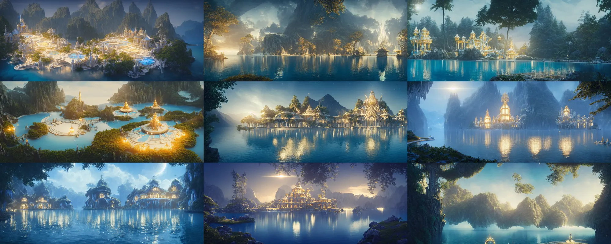 Image similar to a gorgeous symmetrical paradise palace, starlit, lakes, fantasy, fairy tale, artstation, matte painting, artstation, octane render, caleb worcester, samuel beal. ultra clear detailed. white, deep blue and light gold color scheme.