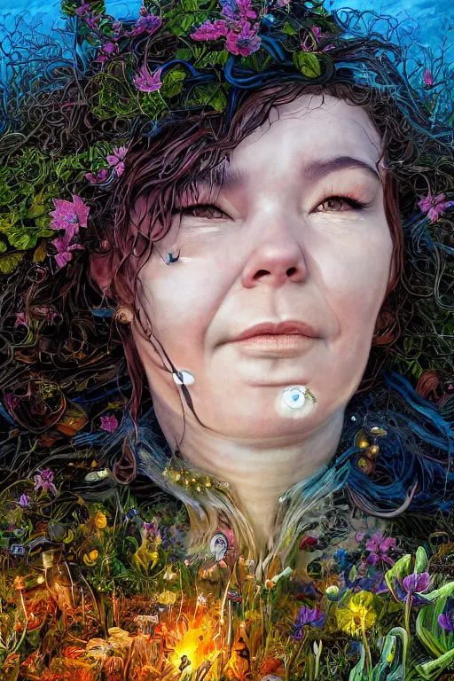 Image similar to beautiful bjork portrait in iceland by hubert robert and lee madgwick and roger dean and jacek yerka, dan mumford and alex grey style, soft lighting, 4 k hd wallpaper illustration concept joy atmospheric lighting