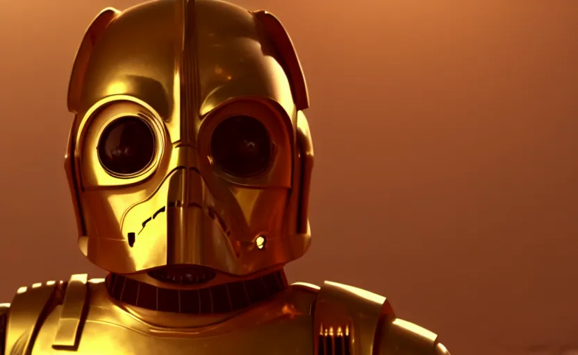 Image similar to c - 3 po as a hamster, movie still, star wars, cinematic, sharp focus, cinematic grain, cinematic lighting, 8 k