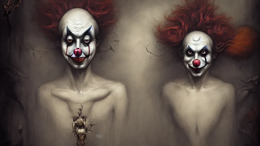 Image similar to a clown portrait in cloistered alleyway dreaming of a circus, in the style of peter mohrbacher by weta digital and beth cavener, high face symmetry, intricate, masterpiece, award winning, high face symmetry, intricate