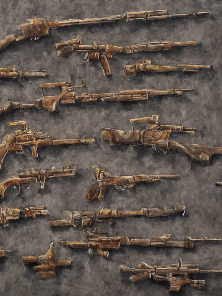 Image similar to oil painting of guns on a wall, ultra-realistic, intricate details, 4k