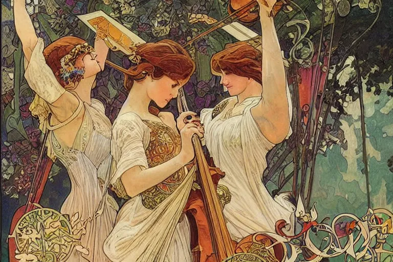 Image similar to a painting of an orchestra, outdoor, art by Walter Crane and Alphonse Mucha, epic fantasty card game art, Beautiful, cinematic