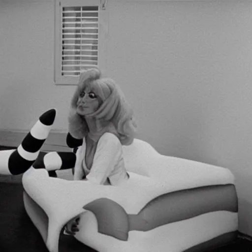 Image similar to bored housewife meets a confused inflatable toy in a seedy motel room, 1978 color Fellini film, ugly motel room with dirty walls and old furniture, archival footage, technicolor film, 16mm, live action, John Waters, campy and colorful