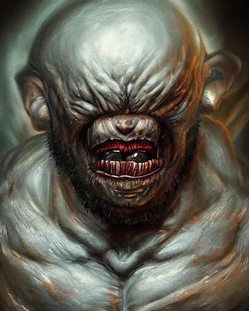 Image similar to Dark fantasy Painting of a hulking muscular EXTRATERRESTRIAL creature with big bulging eyes, white milky eyes, eyeballs, two heads, flabby skin, excess skin hanging from cheeks, straw-like beard growing from face, disgusting, creepy, unsettling, horror, upper body, intricate, wild, highly detailed, digital painting, artstation, concept art, smooth, sharp focus, illustration, art by artgerm and greg rutkowski and alphonse mucha