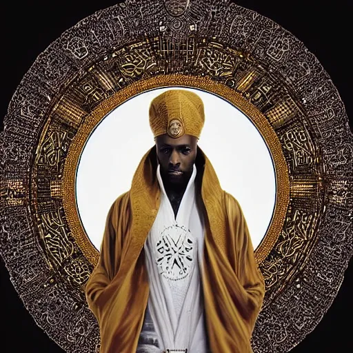 Image similar to symmetry!! an african moor wearing white robes and turban entering the voidspace. ornate, golden, steampunk stargate. front game card. marvel comics. dark. intricate. highly detailed. smooth. artstation. digital illustration by ruan jia, mandy jurgens, artgerm, wayne barlowe, greg rutkowski, and zdislaw beksinsk.