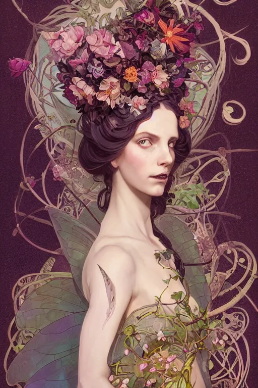 Image similar to full length portrait of a beautiful mysterious fairy with flowery headgear, no hands, by eve ventrue, michael carson, andreas rochas, john watkiss, casey weldon, artgerm. art nouveau. tarot card by mucha. gloomhaven. swirly intricate linework background. gaudy colors, sharp edges. octane render