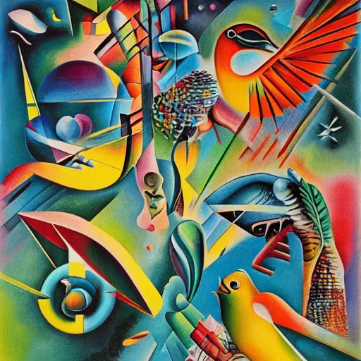 Prompt: a hd surrealism painting of tropical birds inside galactic hypercube sculptures by dali and kandinsky, ultra detailed, 8k