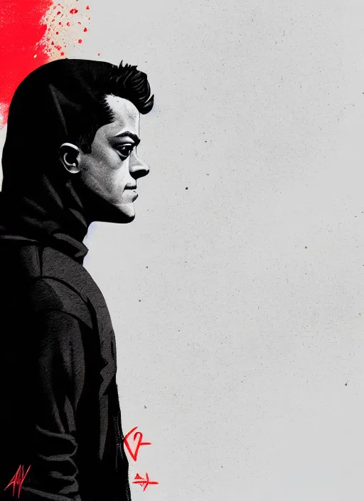 Image similar to highly detailed closeup portrait of downbeat rami malek, elliot alderson, black hoody by atey ghailan, by greg rutkowski, by greg tocchini, by james gilleard, by joe fenton, by kaethe butcher, gradient red, black and white color scheme, grunge aesthetic!!! ( ( graffiti tag wall background ) )