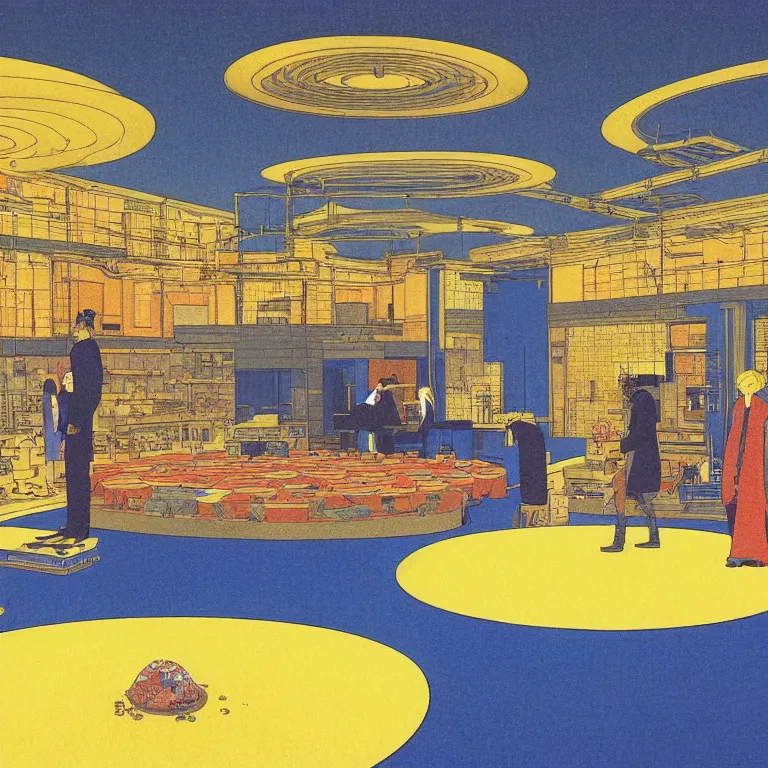 Image similar to a large golden cake in the middle of the room, embedded with spy listening devices planted by the government, acid and dreaming psychedelic hallucinations, by kawase hasui, moebius and edward hopper, colorful flat surreal design, hd, 8 k, artstation