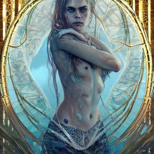 Prompt: cara delevigne full body underwater , intricate, elegant, highly detailed, digital painting, artstation, concept art, smooth, sharp focus, illustration, art by artgerm and greg rutkowski and alphonse mucha 4K IMAX hyperrealistic