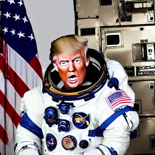 Prompt: donald trump in a space suit, holding an automatic rifle, on board the international space station. Photorealistic