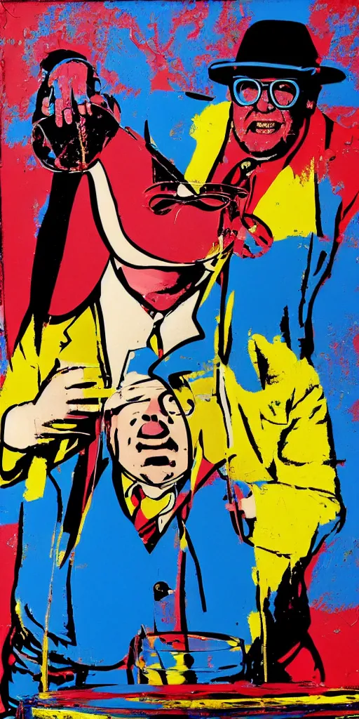 Prompt: andy warhol pop art painting of matt foley living in a van down by the river