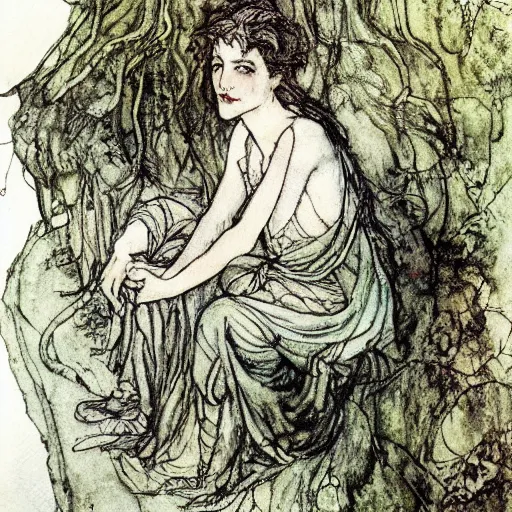 Prompt: Titania portrait, illustrated by Arthur Rackham, watercolour