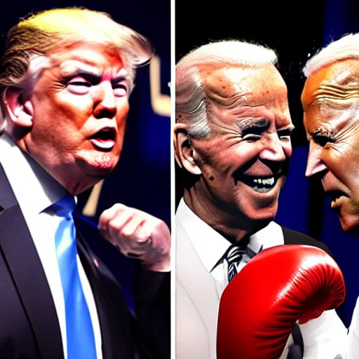 Prompt: donald trump and joe biden boxing in a boxing match photo - realistic