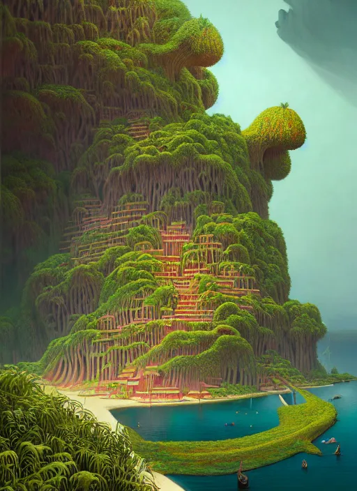 Image similar to hyper detailed 3d render like a Oil painting - the exotic island by Jacek Yerka, Mariusz Lewandowski, Abstract brush strokes, Masterpiece, Edward Hopper and James Gilleard, Zdzislaw Beksinski, Mark Ryden, Wolfgang Lettl, hints of Yayoi Kasuma, octane render, 8k