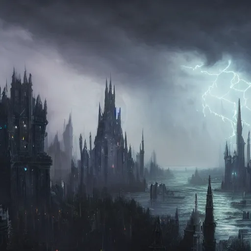 Image similar to an ultra detailed matte painting of a lonely and impossibly tall ominous gothic dark citadel tower of the evil patriarch, in the style of magic the gathering, in a river elevated high above the city, gaslight fantasy capital city, ultrawide lense, aerial photography, scary thunderstorm, exquisite detail, 8 k, art by greg rutkowski and alphonse mucha