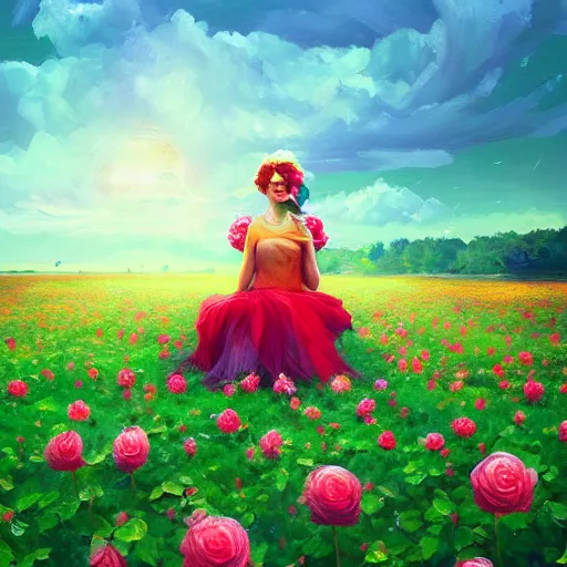 Image similar to giant rose flower head, full body girl sitting in a flower field, surreal photography, sunrise, dramatic light, impressionist painting, colorful clouds, digital painting, artstation, simon stalenhag