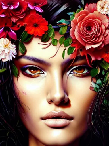 Image similar to a portrait of latina supermodel with a floral background by karol bak, artgerm, moebius, yoji shinkawa : : portrait, illustration, photorealism, hyperrealism