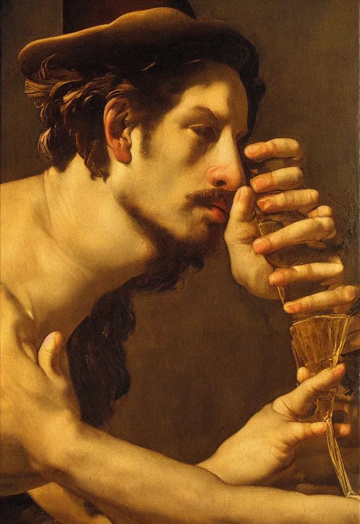 Image similar to men drinks golden liquid, closeup portrait, garden, ultra detailed, Orazio Gentileschi style