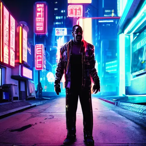 Image similar to cyberpunk eddie murphy, standing on a cyberpunk street at night, streets are lit with neon lights, portrait, cinematic