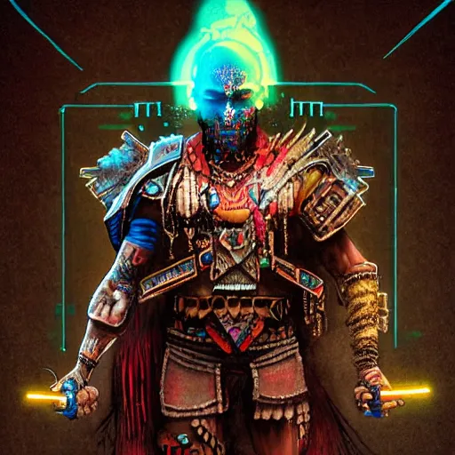 Prompt: aztec cyberpunk warrior with cool armor and tattoos, cyberpunk 2 0 7 7 and beksinski style painting